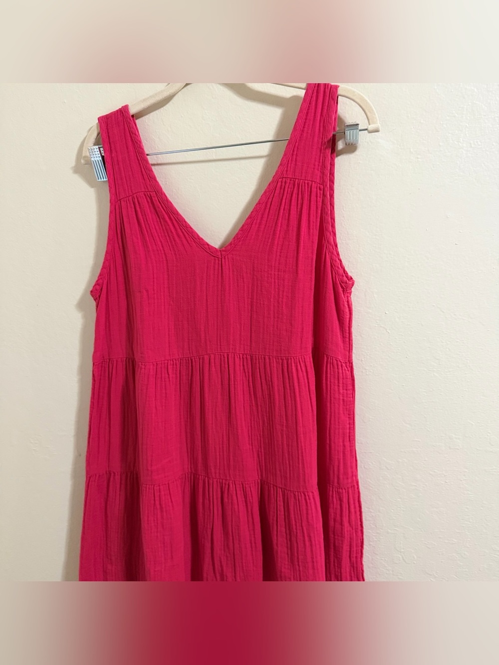 Quince Amaranth Hot Pink Organic Cotton Gauze Tiered Maxi Dress V Neck Small - Picture 4 of 9